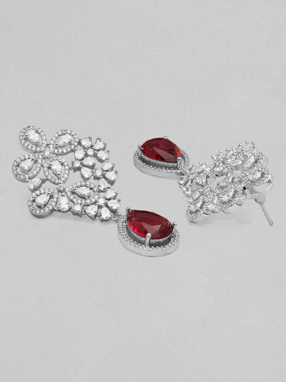 Dhiyona RJ Women's Silver-Toned & Red Classic Drop Earrings