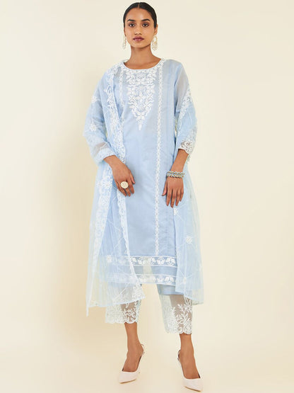Dhiyona SO Women's Blue & White Floral Embroidered Chanderi Silk Kurta With Trousers & Dupatta