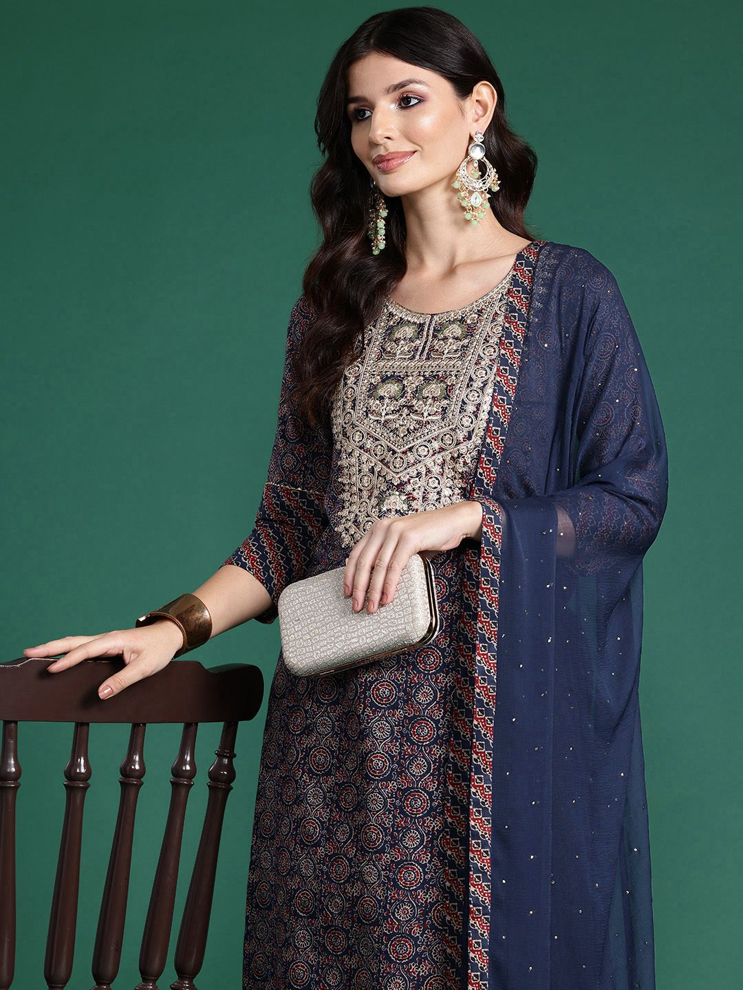 Dhiyona IE Plus Size Ethnic Motifs Printed Sequinned Pure Cotton Kurta Set