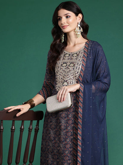 Plus Size Ethnic Motifs Printed Sequinned Pure Cotton Kurta Set