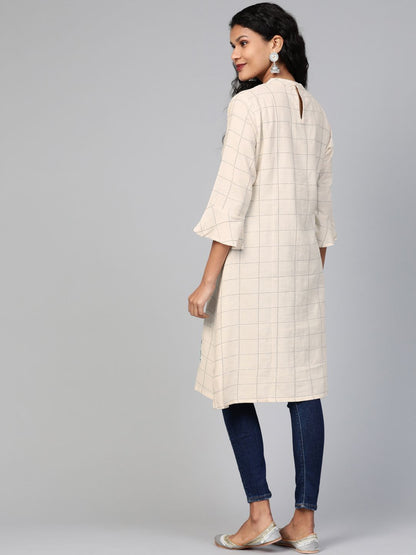 Dhiyona IE Women Off-White & Green Checked A-Line Kurta