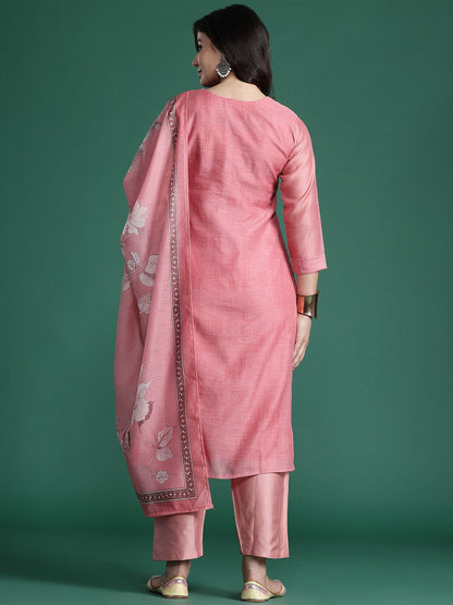 Floral Embroidered Thread Work Chanderi Silk Kurta with Trousers & With Dupatta