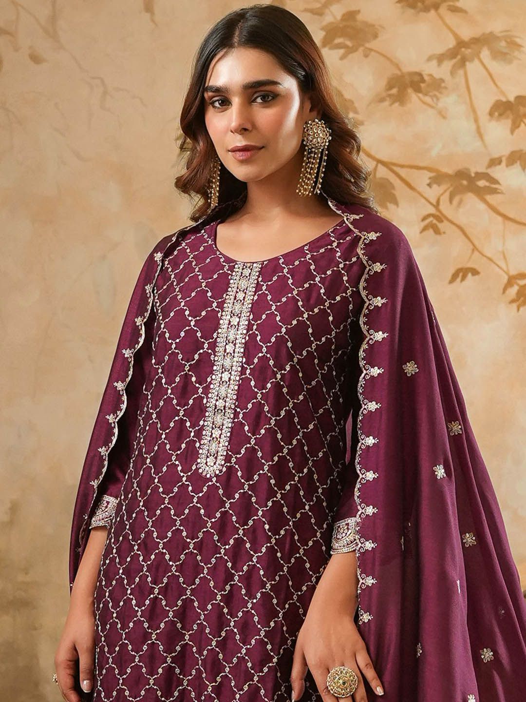Dhiyona IE Women Ethnic Motifs Embroidered Regular Sequinned Kurta with Trousers & Dupatta