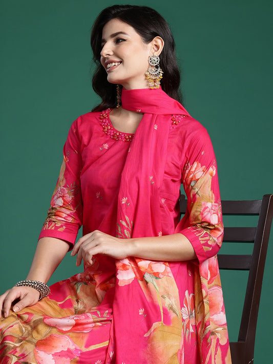 Dhiyona IE Floral Printed Beads & Stones Pure Cotton Kurta With Trousers & Dupatta