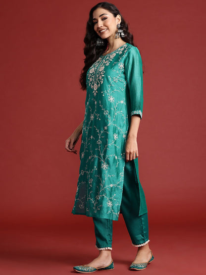 Dhiyona IE Floral Embroidered Thread Work Kurta With Trousers & Dupatta