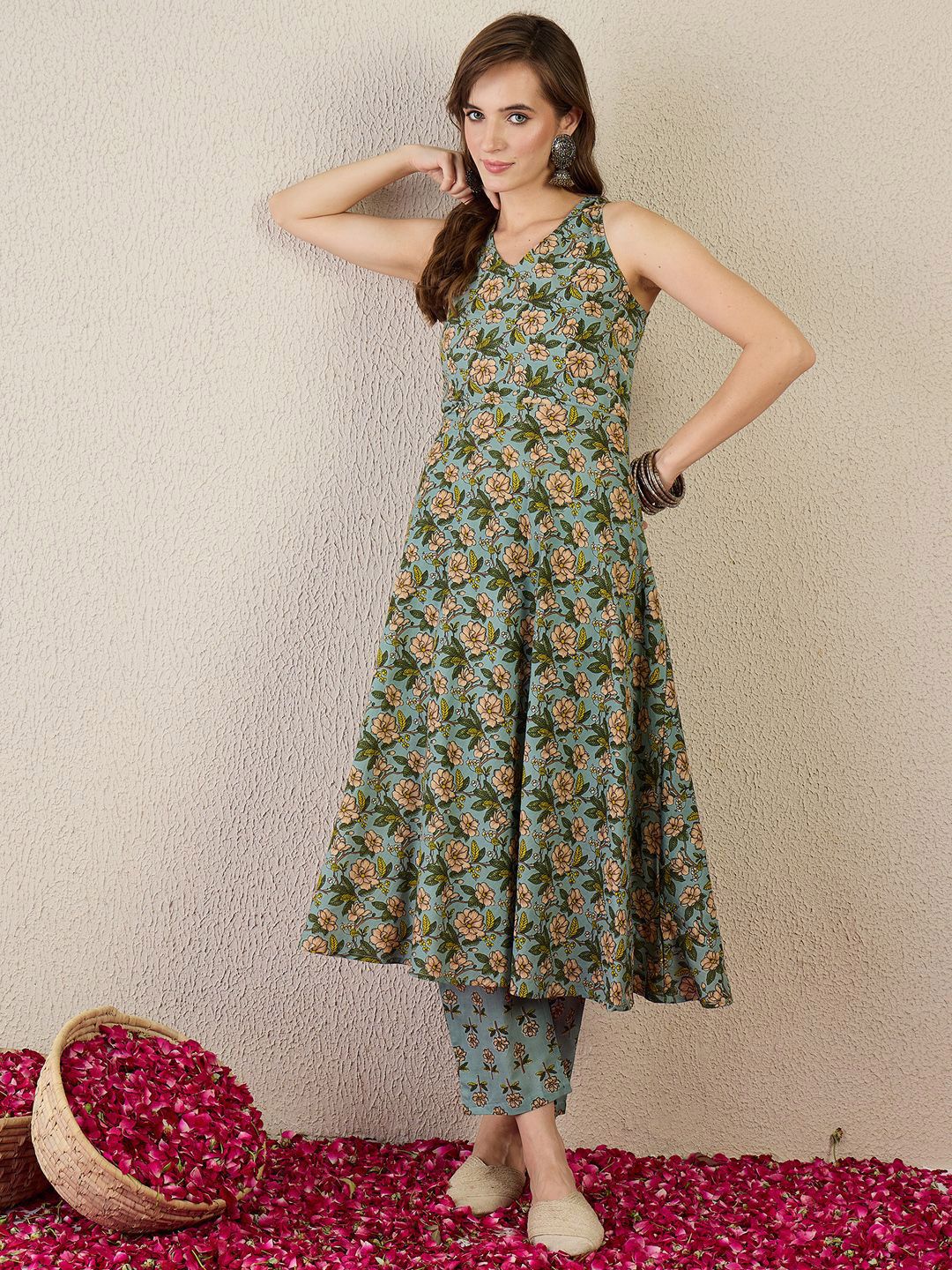 Dhiyona IE Printed Pure Cotton Straight Tunic With Trousers Co-Ords