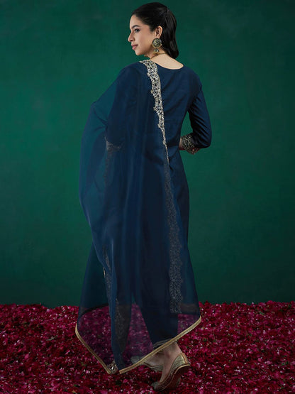 Dhiyona IE Floral Embroidered Regular Thread Work Liva Kurta With Trousers & Dupatta