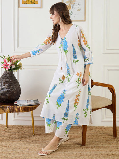 Floral Printed A-Line Pure Cotton Kurta With Trouser