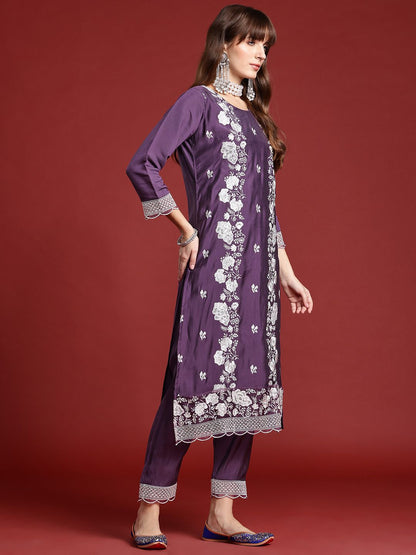 Dhiyona IE Floral Embroidered Thread Work Kurta With Trousers & Dupatta