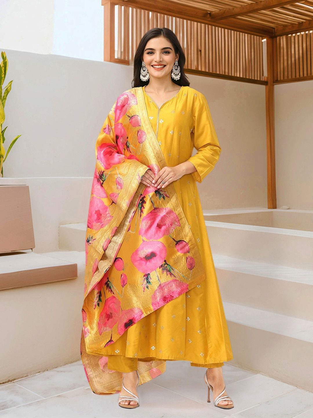 Dhiyona IS Women's Yellow Embroidered Sequinned Silk Crepe Anarkali Kurta With Trousers & Dupatta