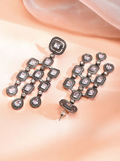 Dhiyona RJ Women's Rhodium Plated Antique Blackish Tone Zirconia Studded Premium Chandelier Earrings