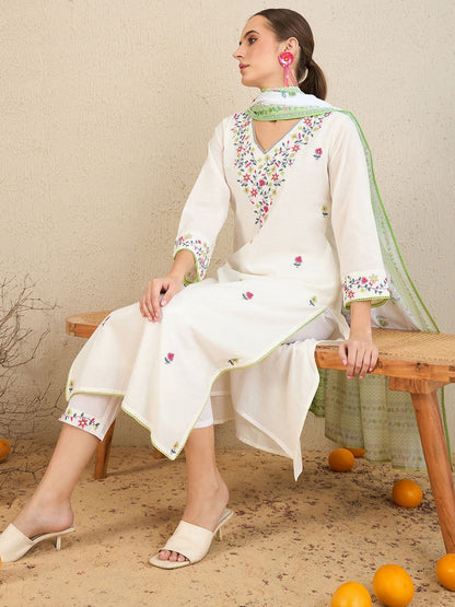 Women's Floral Embroidered Pure Cotton Kurta With Trousers & Dupatta