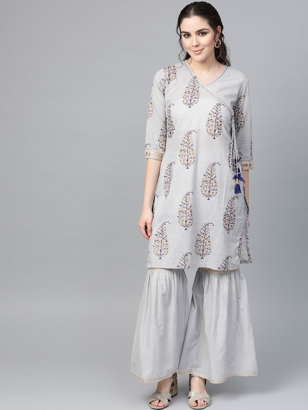 Dhiyona VA Women's Grey & Golden Angrakha Printed Kurti with Sharara