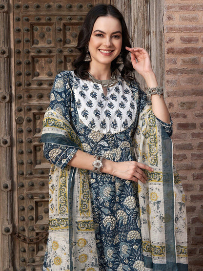 Dhiyona SN Women's Navy Blue Floral Printed Pure Cotton Anarkali Kurta With Trouser & Dupatta