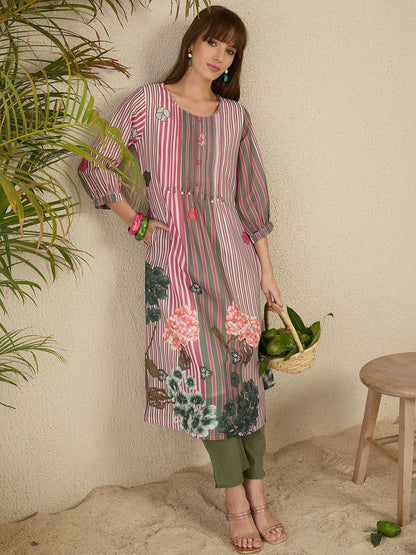 Dhiyona IE Floral Printed Pure Cotton Kurta With Trousers