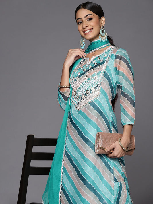 Dhiyona VA Women's Teal Leheriya Printed Gotta Patti Chanderi Cotton Kurta with Sharara & With Dupatta