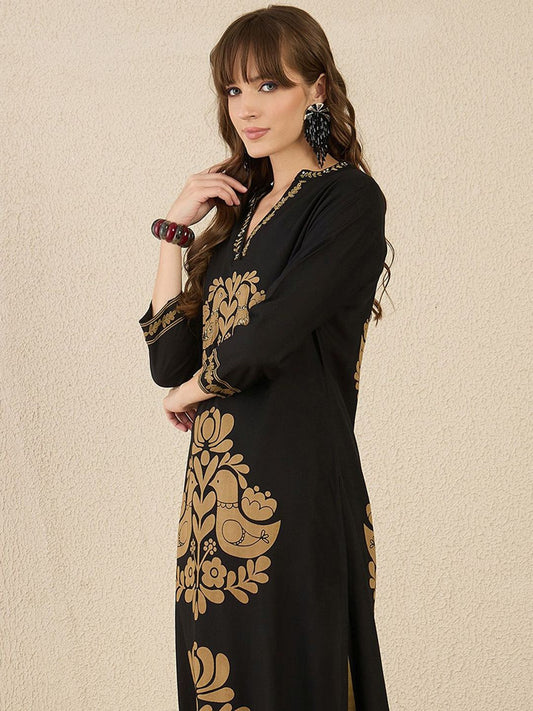 Dhiyona IE Floral Printed Thread Work V-Neck Straight Kurta with Palazzos