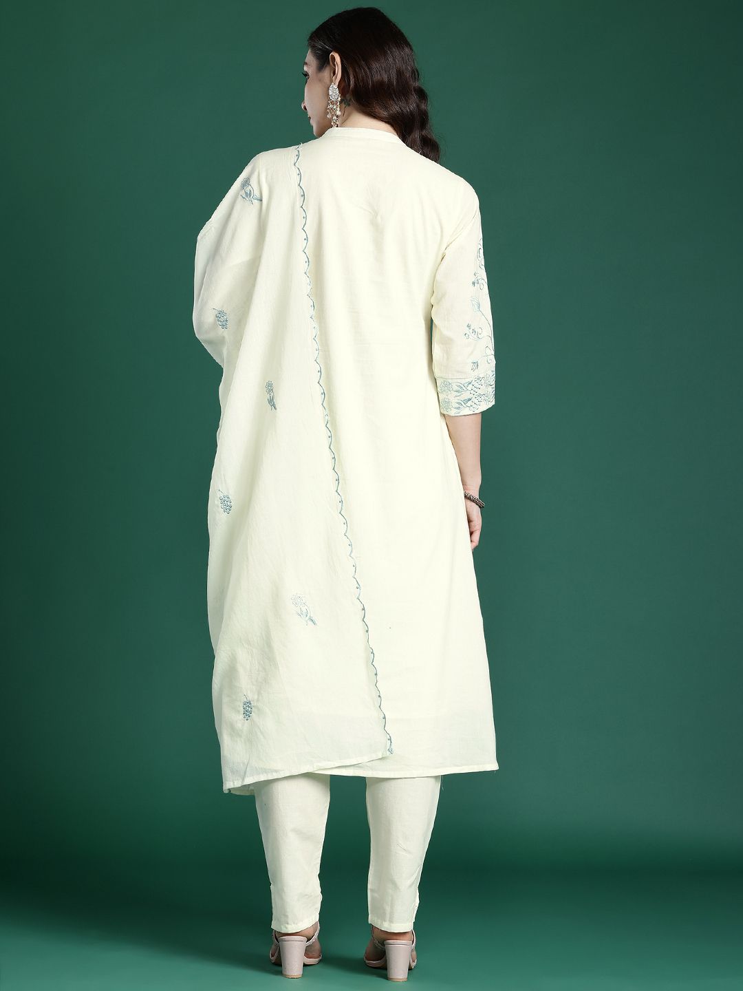 Floral Embroidered Pure Cotton Kurta with Trousers & Dupatta
