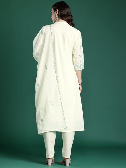 Floral Embroidered Pure Cotton Kurta with Trousers & Dupatta