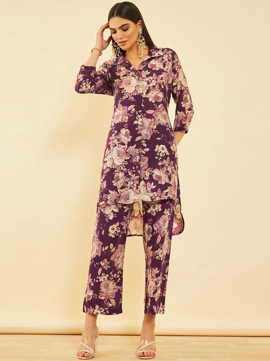 Dhiyona SO Women's Floral Printed High-Low Regular Kurta with Trousers