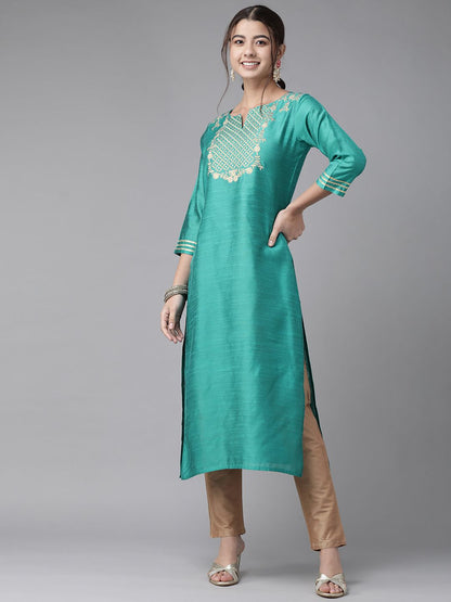 Dhiyona IE Women Sea Green Yoke Design Thread Work Floral Chanderi Silk Chanderi Silk Kurta