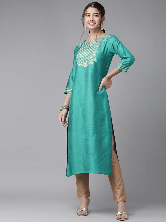 Dhiyona IE Women Sea Green Yoke Design Thread Work Floral Chanderi Silk Chanderi Silk Kurta