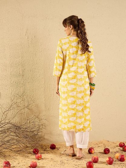 Dhiyona IE Floral Printed Round Neck Machine Weave Straight Kurta