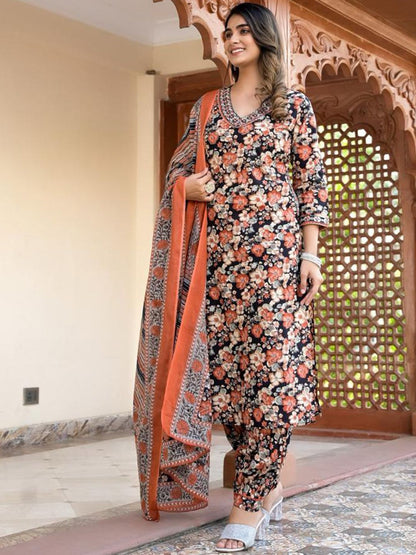 Dhiyona VA Women'sFloral Embellished Kurta Paired With Afghani Trousers & Dupatta