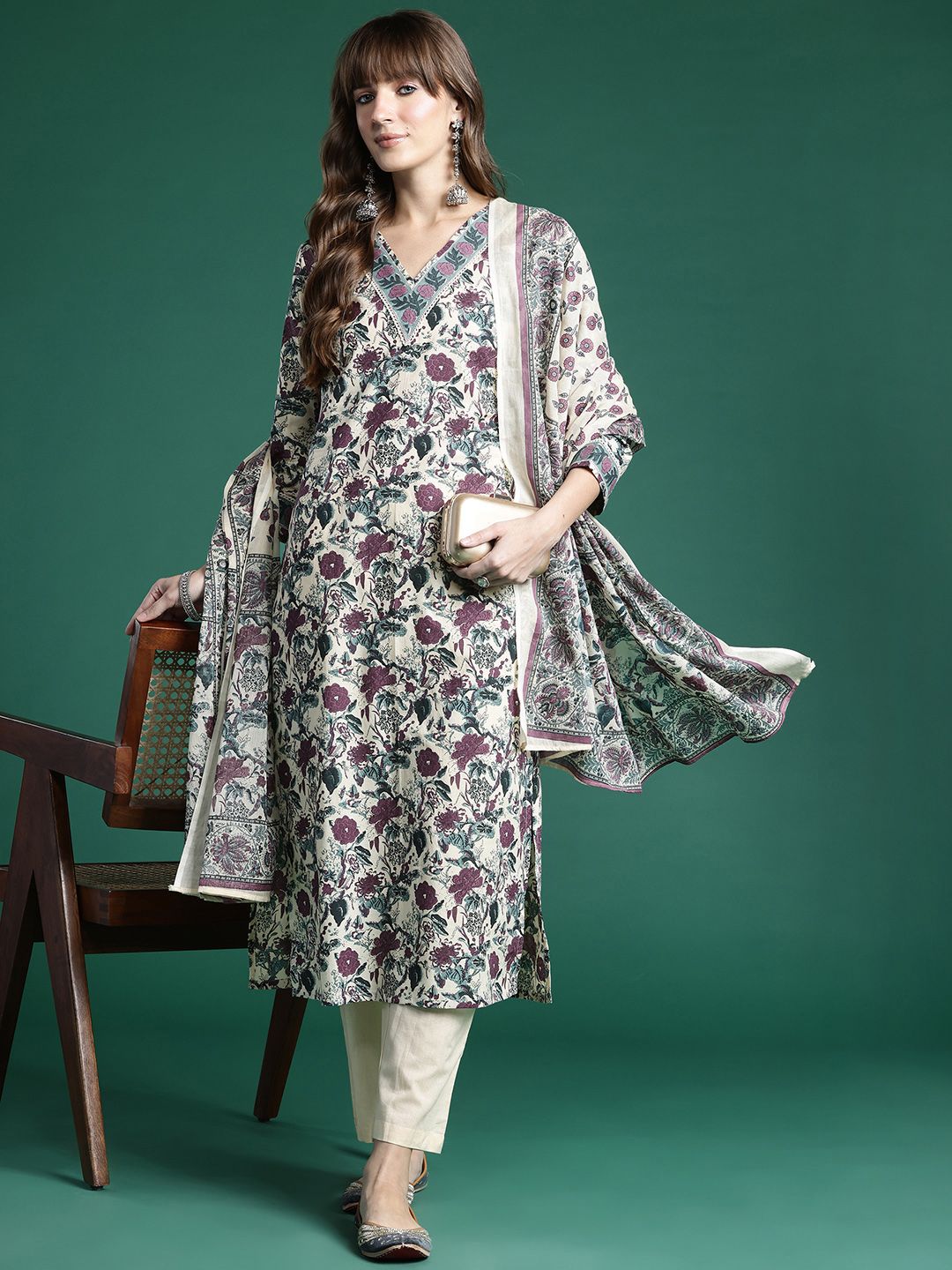 Dhiyona IE Floral Printed Regular Pure Cotton Kurta with Trousers & Dupatta