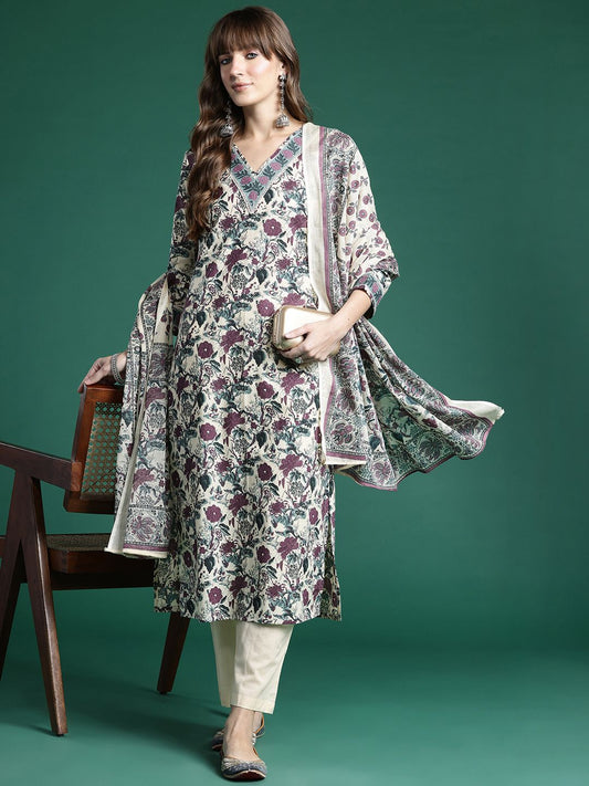 Dhiyona IE Floral Printed Regular Pure Cotton Kurta with Trousers & Dupatta