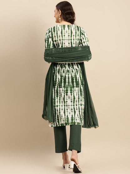 Dhiyona VA Women'sGreen Shibori Printed Sequinned Pure Cotton Kurta With Trousers & Dupatta
