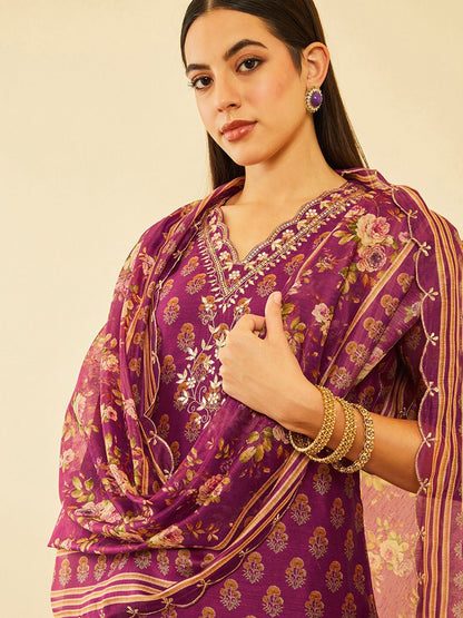 Dhiyona SO Women's Ethnic Motifs Printed Gotta Patti Chanderi Silk Kurta & Trousers With Dupatta