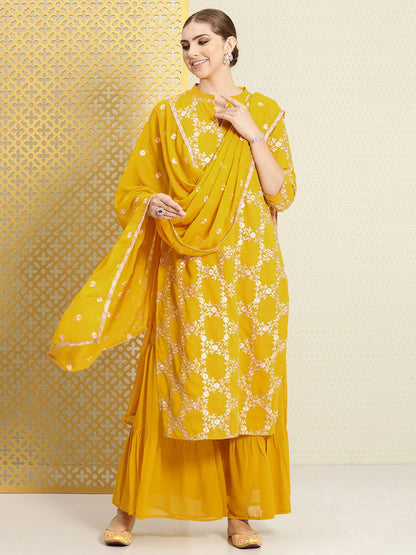 Dhiyona PD Women Women Floral Embroidered Sequined Jashn Kurta With Sharara & Dupatta