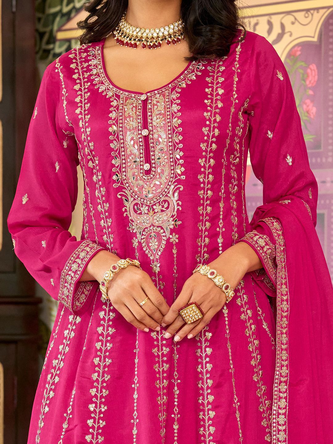 Women Floral Embroidered Kurta with Palazzo & Dupatta