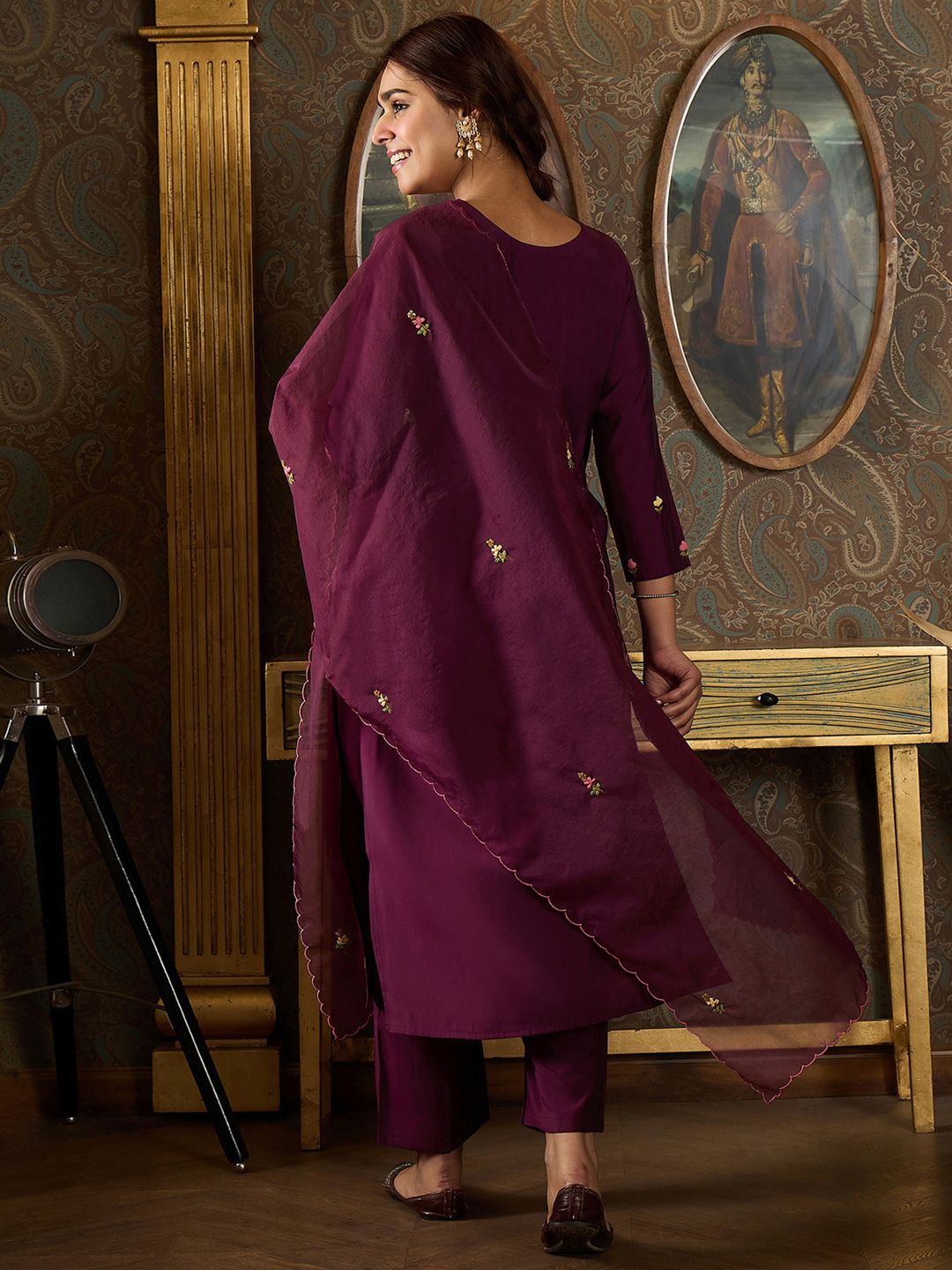 Floral Embroidered Thread Work Kurta With Trousers And Dupatta