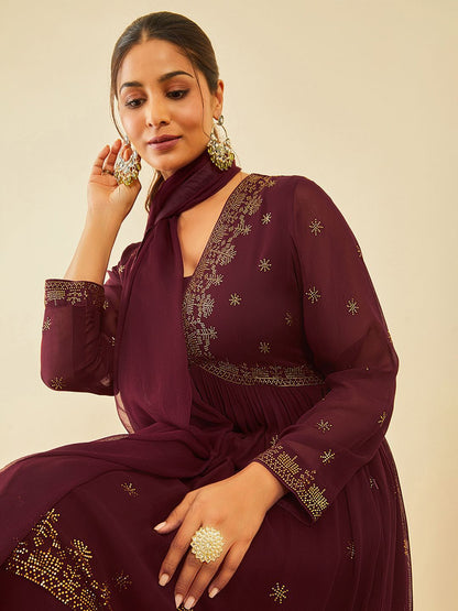 Dhiyona SO Women's Women Alia Cut Floral Embroidered Angrakha Beads and Stones Kurta with Palazzos & With Dupatta