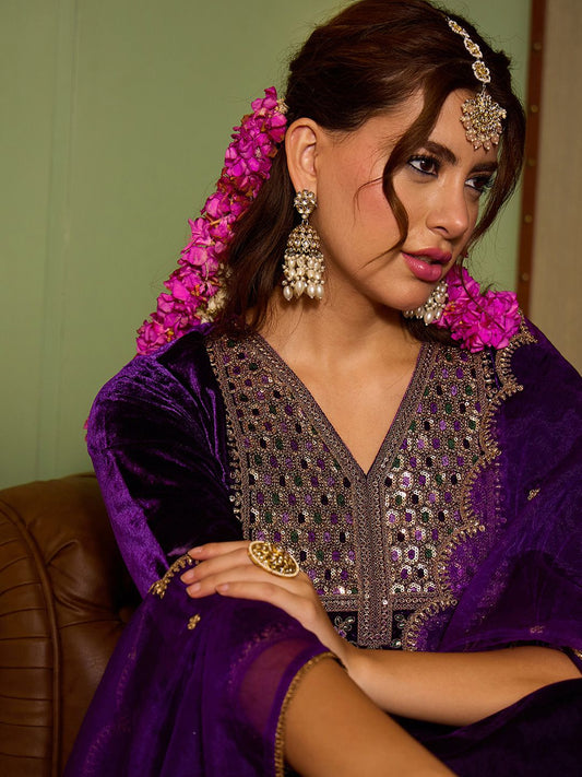 Dhiyona CH Women Ethnic Motifs Embroidered Regular Mirror Work Velvet Kurta with Trousers & With Dupatta