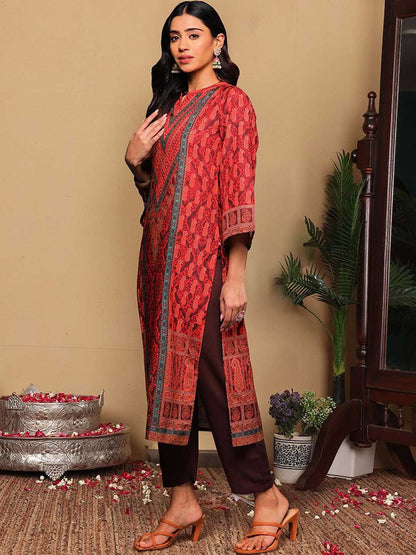 Dhiyona VA Women'sRust Paisley Printed Mandarin Collar Straight Kurta With Trousers & Dupatta