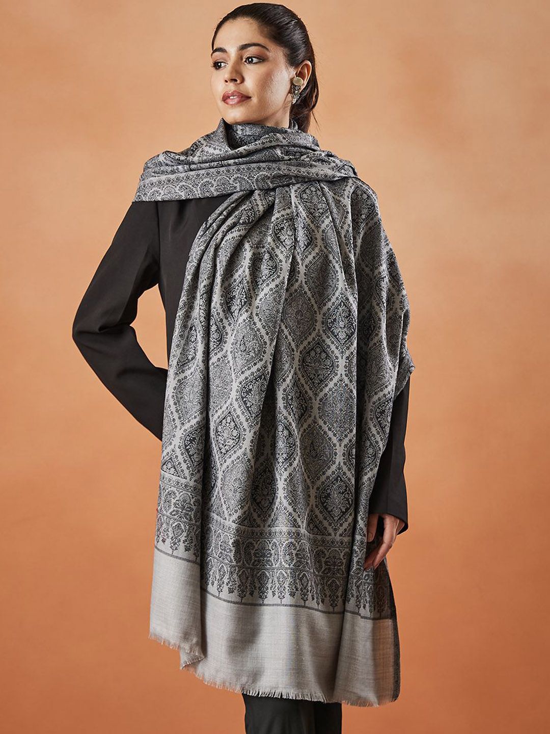 Dhiyona PA Ethnic Motifs Woven Design Woollen Fringed Shawl