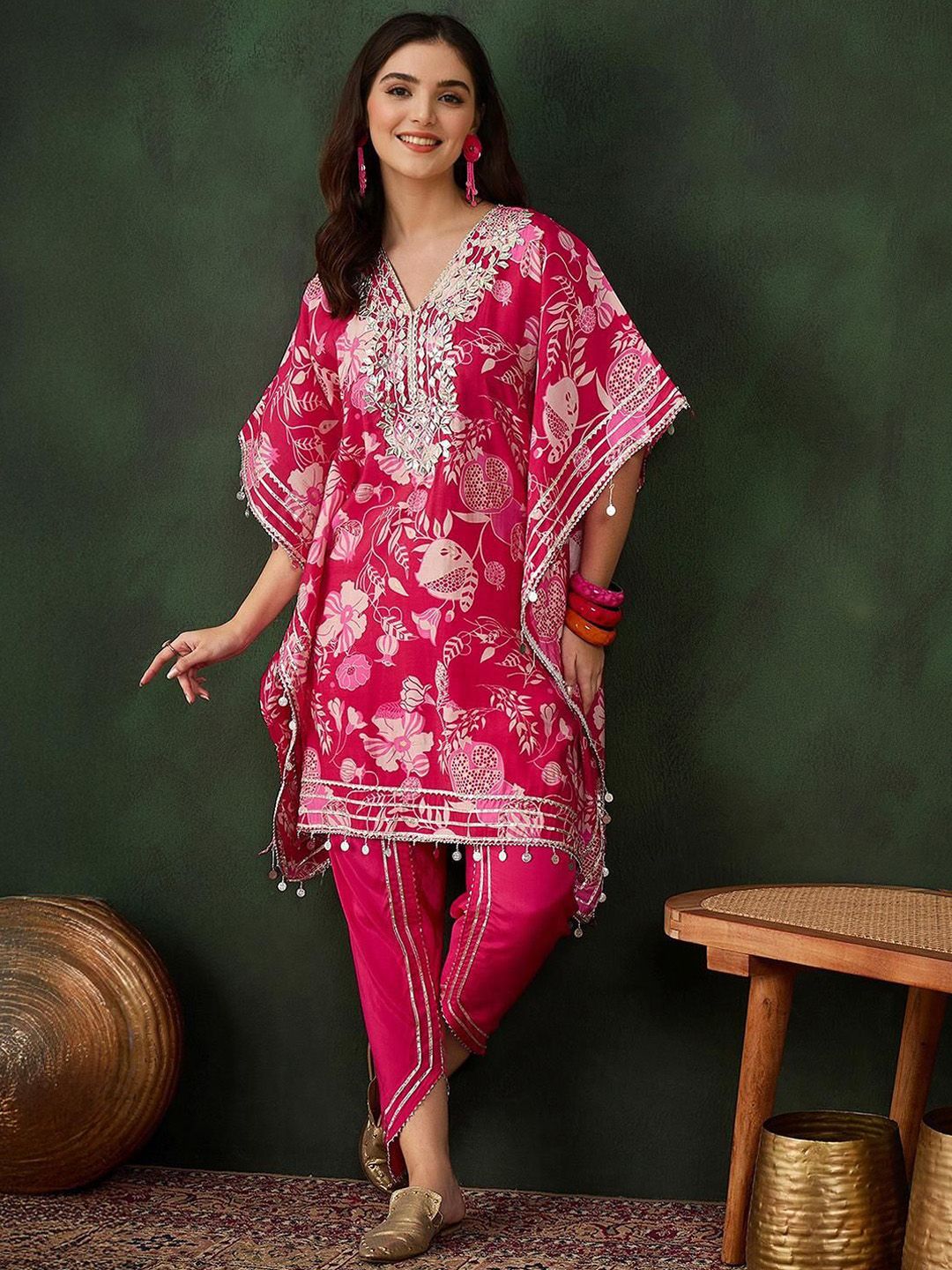 Dhiyona IS Women's Women Ethnic Motifs Print Regular Mirror Work Kaftan Kurta with Trousers