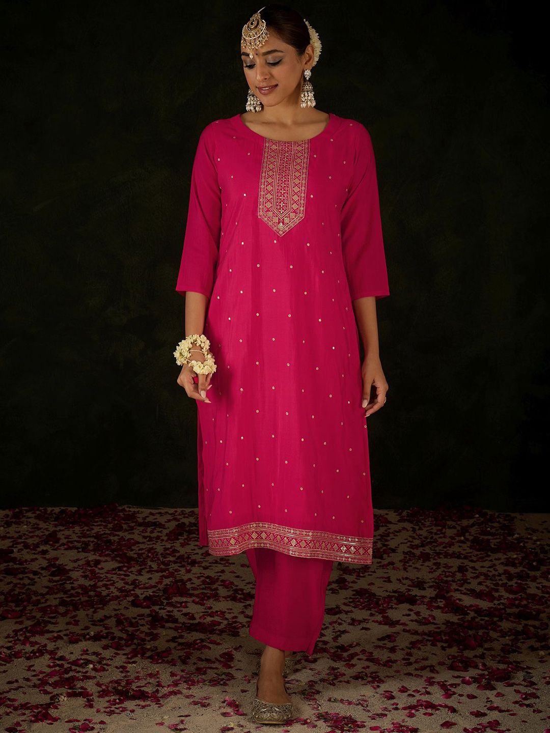 Women Ethnic Motifs Embroidered Regular Sequinned Kurta with Trousers & With Dupatta
