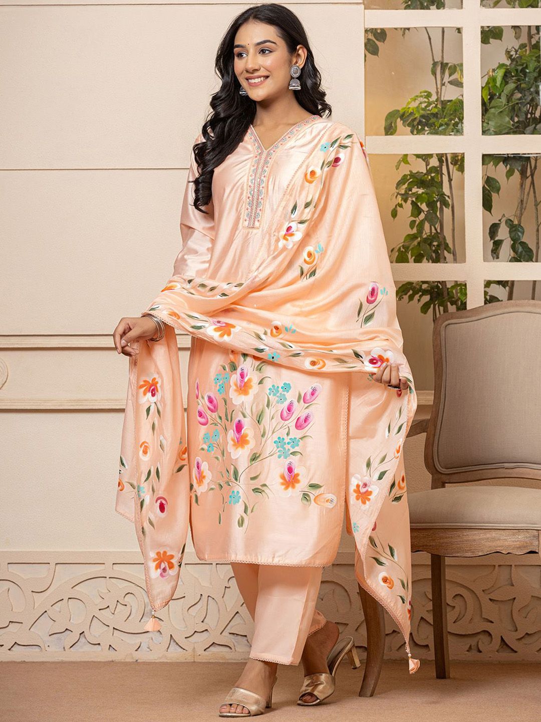 Floral Printed V-Neck Thread Work Straight Kurta with Trousers & Dupatta