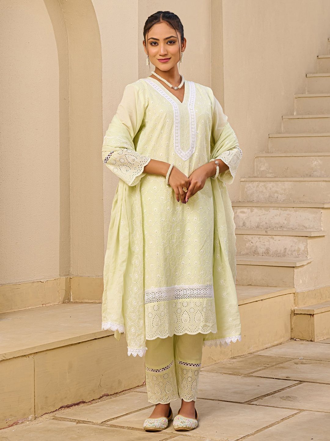 Women Ethnic Motifs Embroidered Cotton Kurta with Trousers & Dupatta