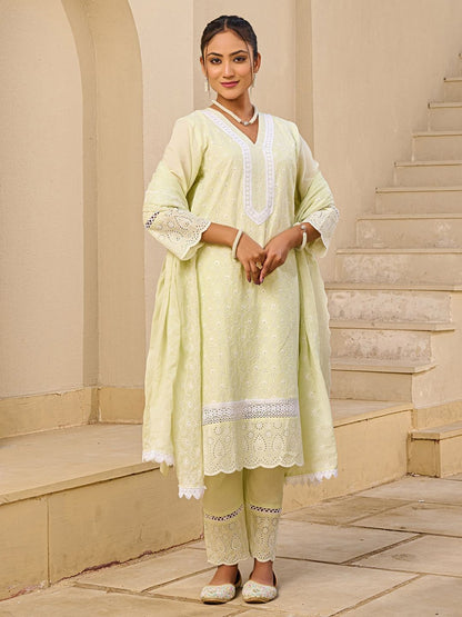 Women Ethnic Motifs Embroidered Cotton Kurta with Trousers & Dupatta
