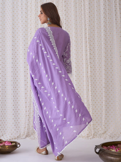 Floral Embroidered Pure Cotton Straight Kurta With Trousers & Dupatta