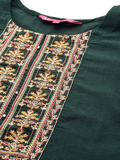 Dhiyona VA Women's Green Floral Embroidered Thread Work Kurta with Trousers & With Dupatta