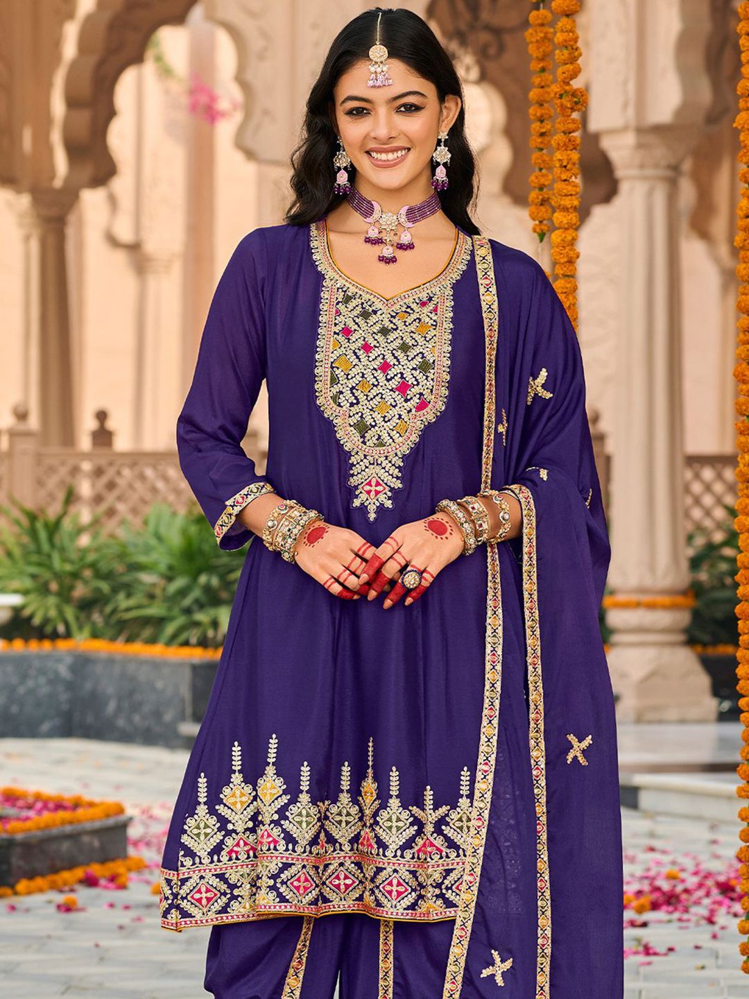 Floral Embroidered Sweetheart Neck Sequinned A-Line Kurta Dhoti Pants & Dupatta