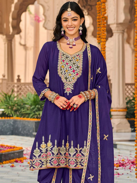 Floral Embroidered Sweetheart Neck Sequinned A-Line Kurta Dhoti Pants & Dupatta