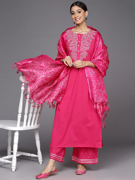 Dhiyona VA Women's Fuchsia Pink Ethnic Motifs Pure Cotton Kurta with Palazzos & With Dupatta