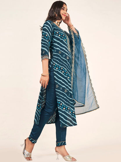 Dhiyona SN Women's Leheriya Embroidered Straight Kurta With Trousers & Dupatta